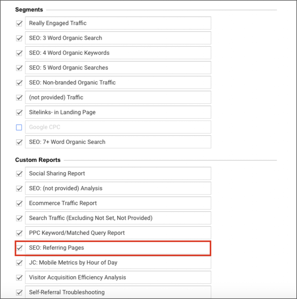 SEO referring pages custom Google Analytics report