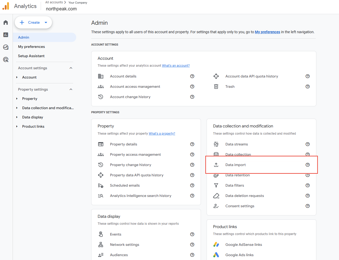 Google Analytics Admin screen with Data import highlighted