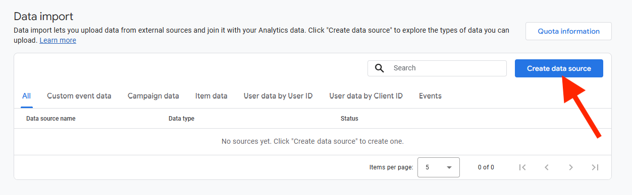 Data import overview with the Create data source button