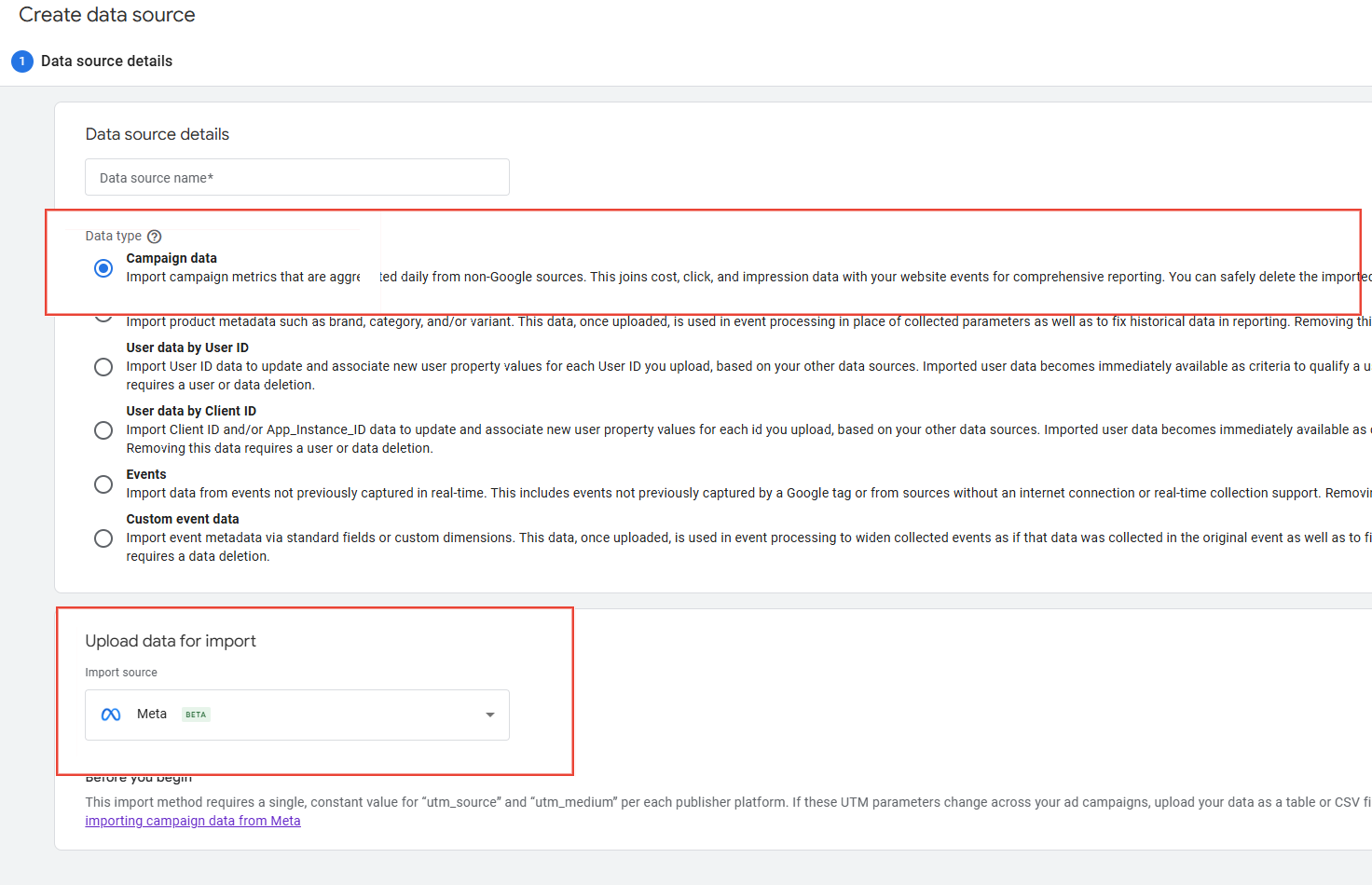 Create data source: Campaign data selected, import source set to Meta