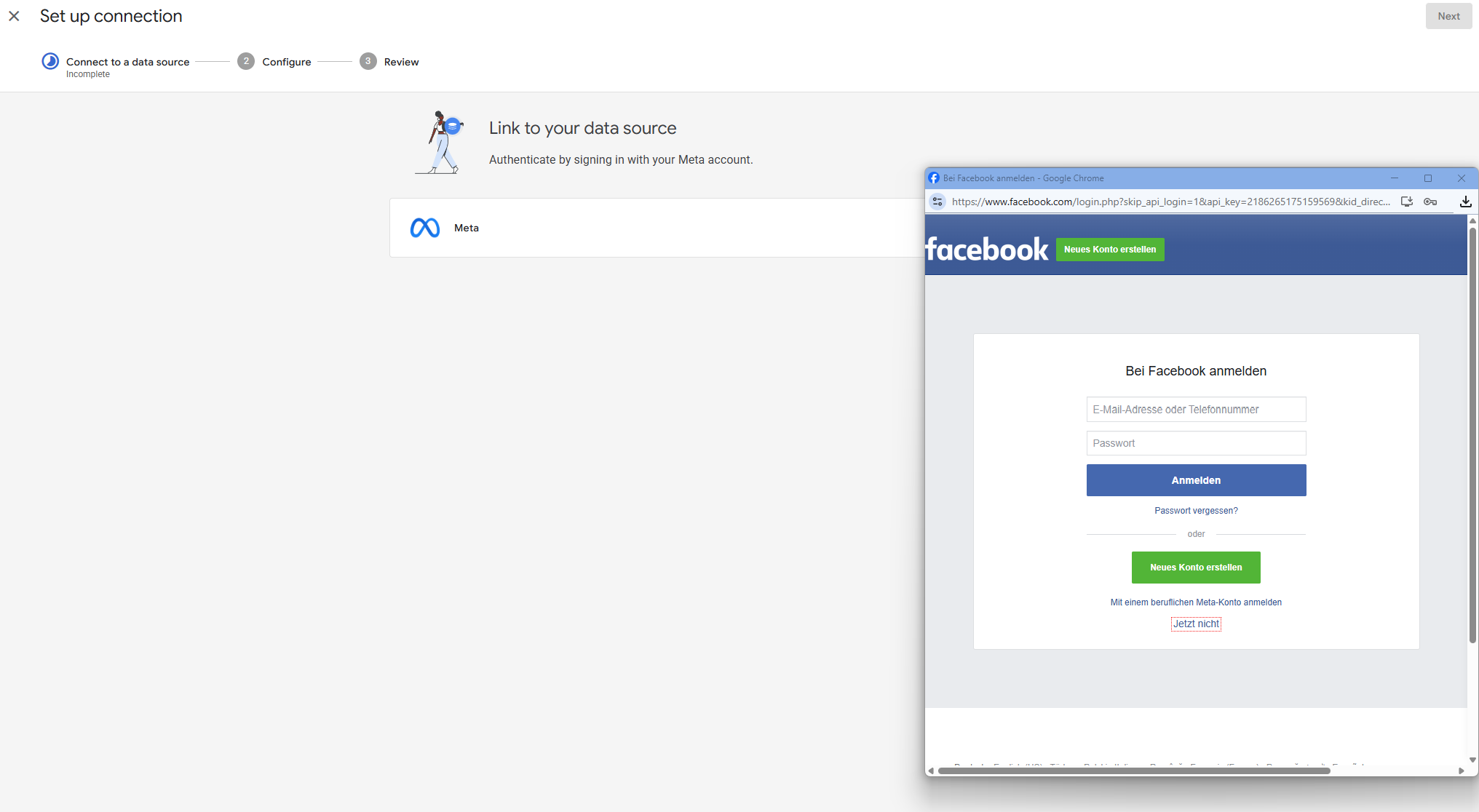 Link to your data source screen with a Facebook sign-in window