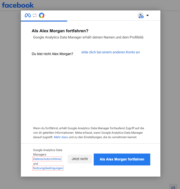 Meta dialog: continue as your profile