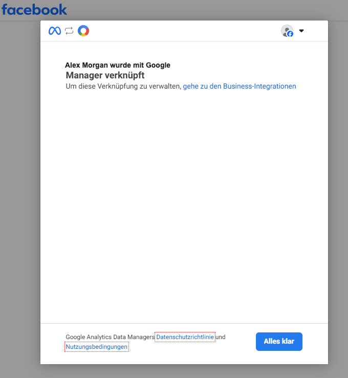 Meta dialog confirming the account is linked to Google Analytics Data Manager