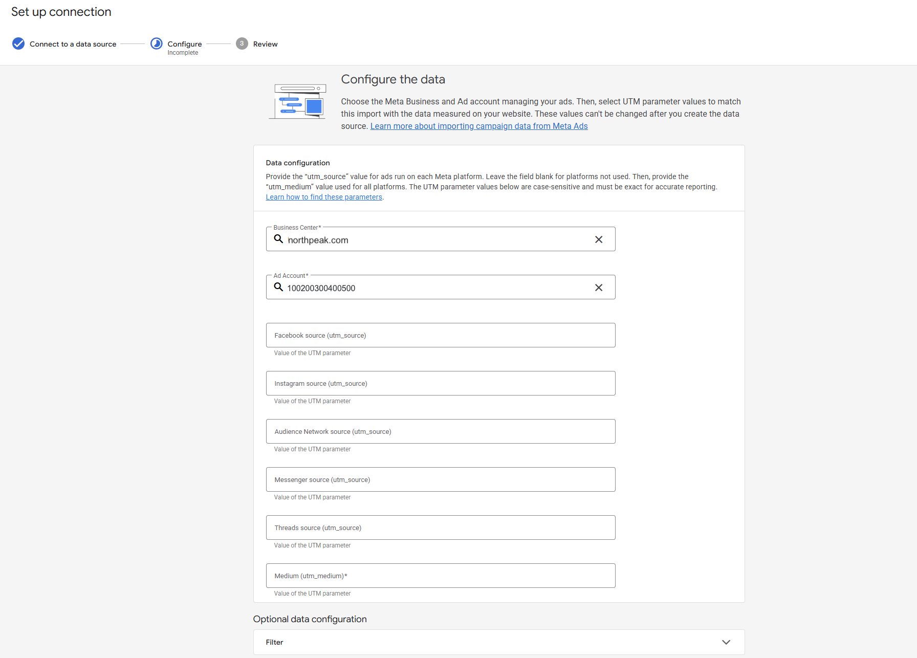 Configure the data: business center, ad account and UTM source/medium fields